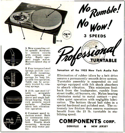 Advertisment of Components Corporation belt drive turntable from 1953