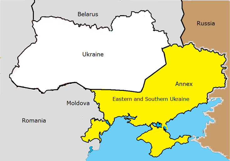 title="Russian speaking part of Ukraine - yellow - and more European oriented part of Ukraine - white